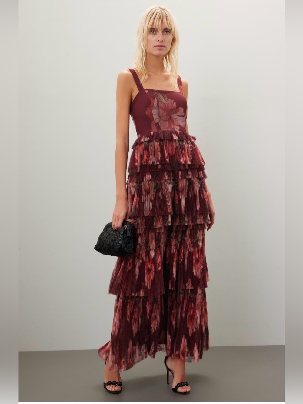Hutch Burgundy Floral Tiered Maxi Skirt